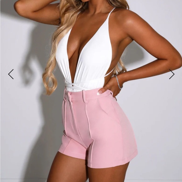 Light Pink Tailored Shorts, High Waisted Tailored Short, Pink Linen Shorts - Picture 3 of 9
